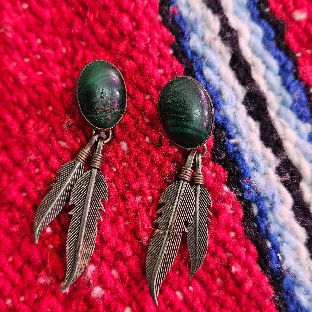 womens southwestern silver and stone feather earrings